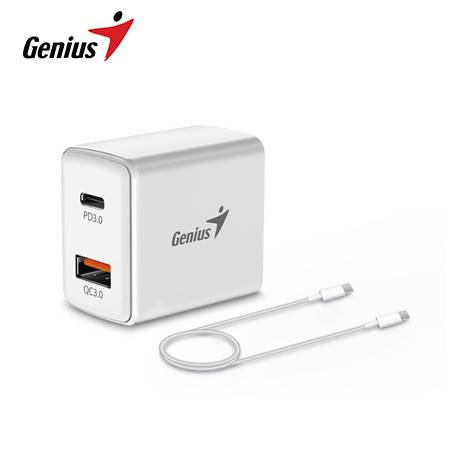 CARGADOR DE PARED GENIUS PD-20ACP 20W FAST CHARGE 1 USB-C 1 USB-A WHITE + CABLE GENIUS 3A USB-C A USB-C WHITE
