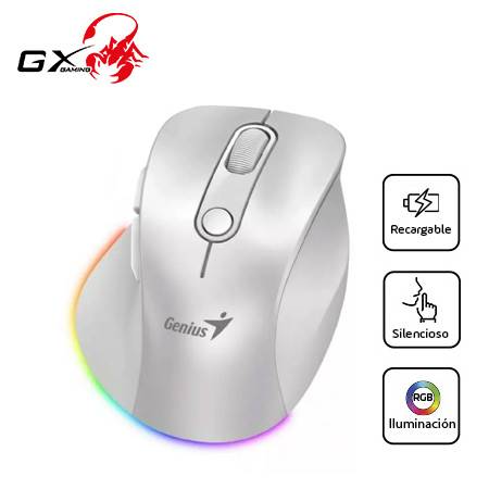 MOUSE GENIUS RECARGABLE DUAL WIRELESS/BT ERGO 9000S PRO 6-BOT SILENT RGB PEARL WHITE