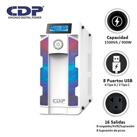 UPS CDP GAMING G-SMART1516I 1500VA / 900W / 16 SALIDAS / 8 PORT USB-A / 2 PORT USB-C WHITE