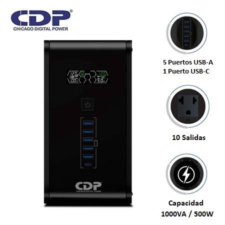 UPS CDP R-SMART 1010I 1000VA / 500W AUTONOMÍA 30MIN 10 SALIDAS/5 PORT USB-A/1 PORT USB-C BLACK