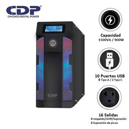 UPS CDP GAMING G-SMART1516BI 1500VA / 900W / 16 SALIDAS / 8 PORT USB-A / 2 PORT USB-C BLACK