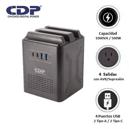 ESTABILIZADOR CDP RUAVR1004I 1000VA/500W 4 SALIDAS/2 USB-A/2 USB-C*V