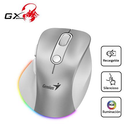 MOUSE GENIUS ERGO 9000S PRO RECARGABLE DUAL WIRELESS/BT 6-BOT SILENT RGB SILVER
